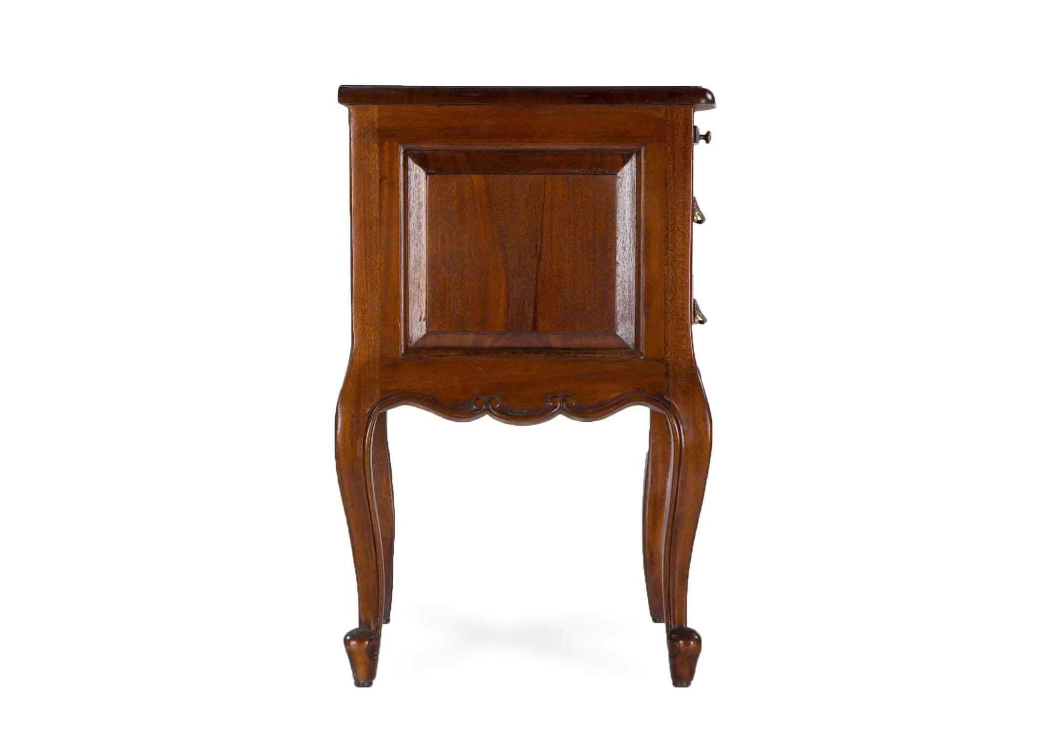 A view from the side of the Lyon 2 drawer mahogany bedside locker.