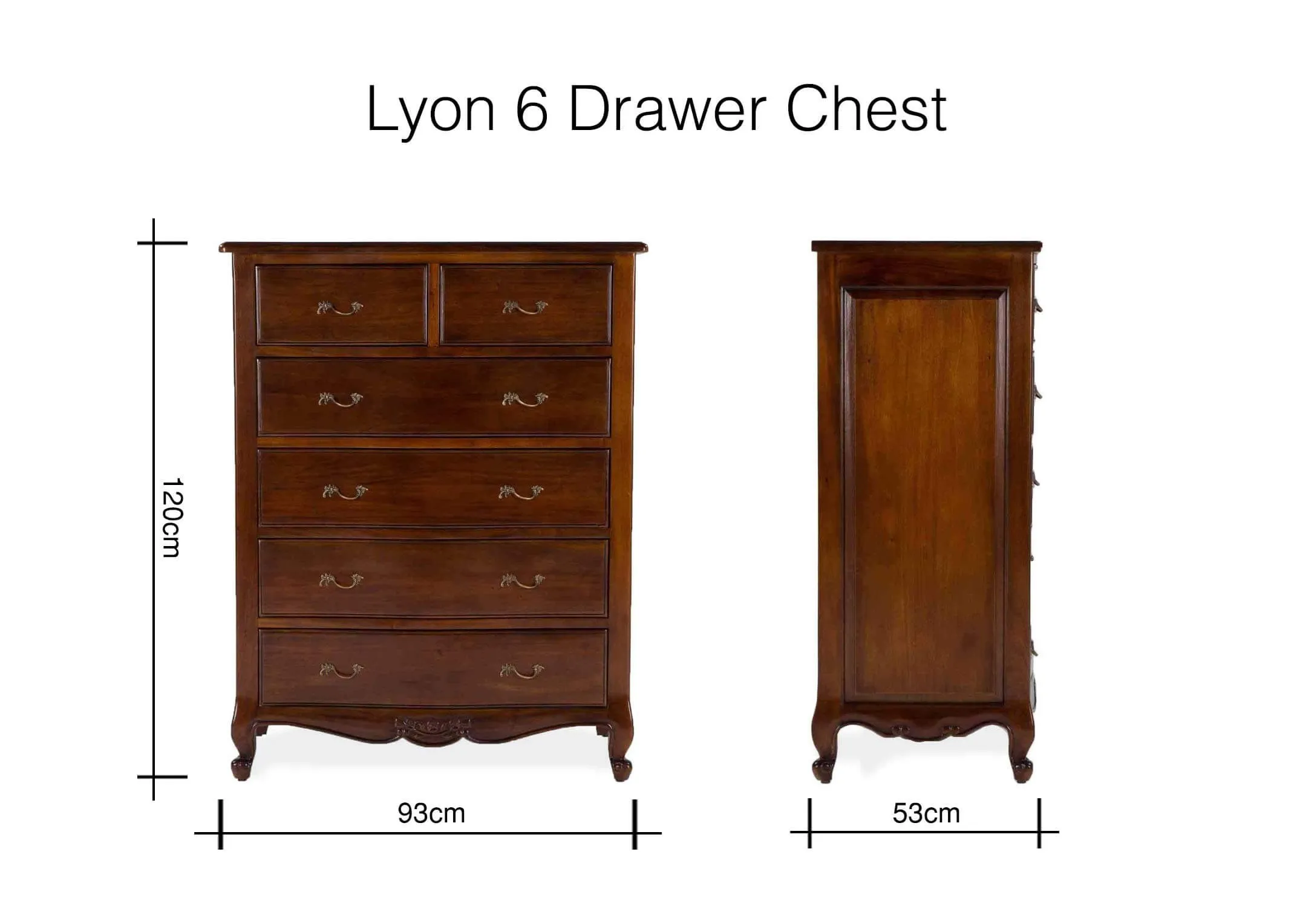 A dimension image for the Lyon 6 drawer mahogany chest 120cm (Height) x 93cm (Width) x 53cm (Depth)