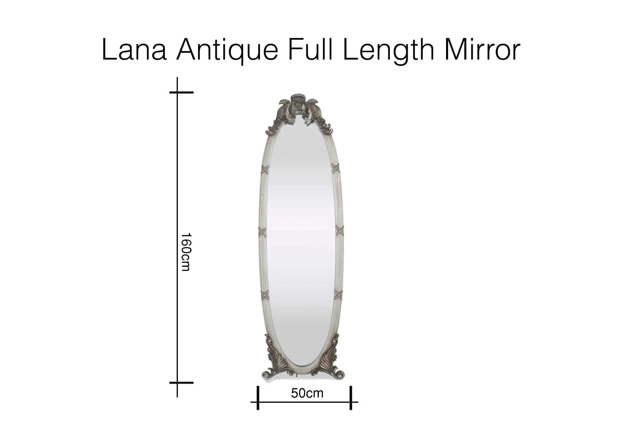 A dimension image for the Lana antique styled tall mirror 160cm (Height) x 50cm (Width)