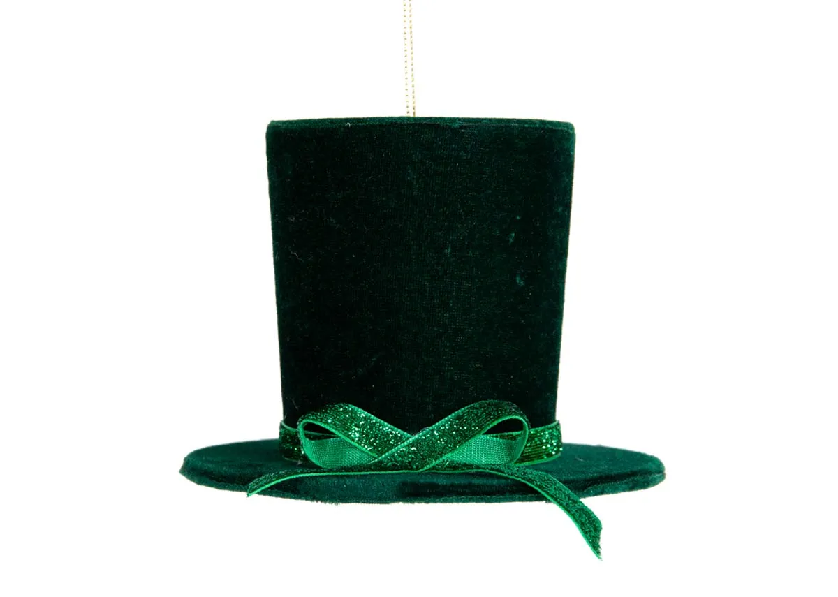 A green velvet top hat bauble from EZ Livings Christmas range. Front view