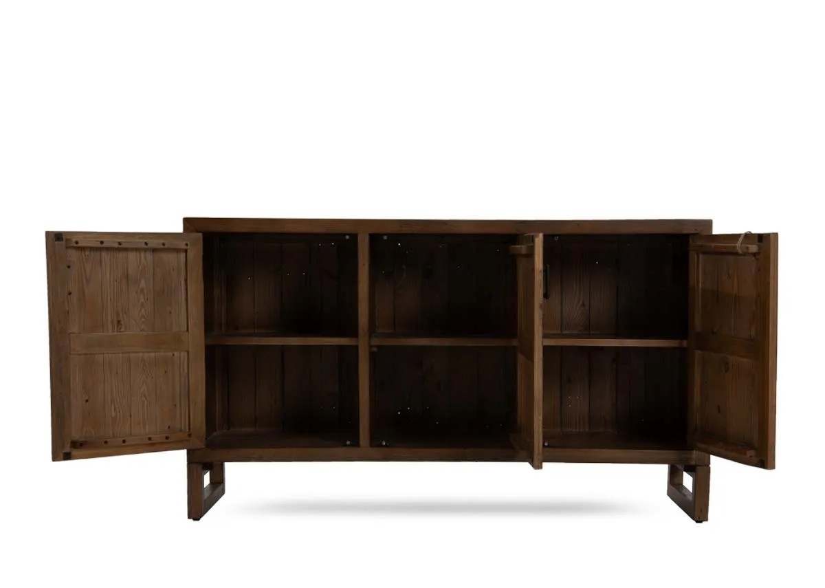 A brown cashew 3 door sideboard from EZ Livings Ladder range. Front view of 3 doors open revealing 6 small shelves.