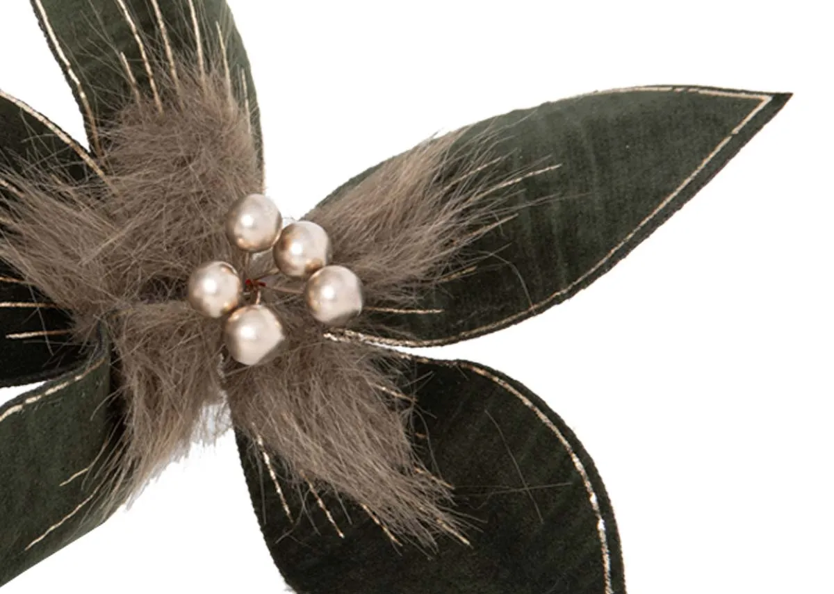 A dark green flower bauble with fine gold trim from EZ Livings Christmas range. Closeup of gold bead detaikl