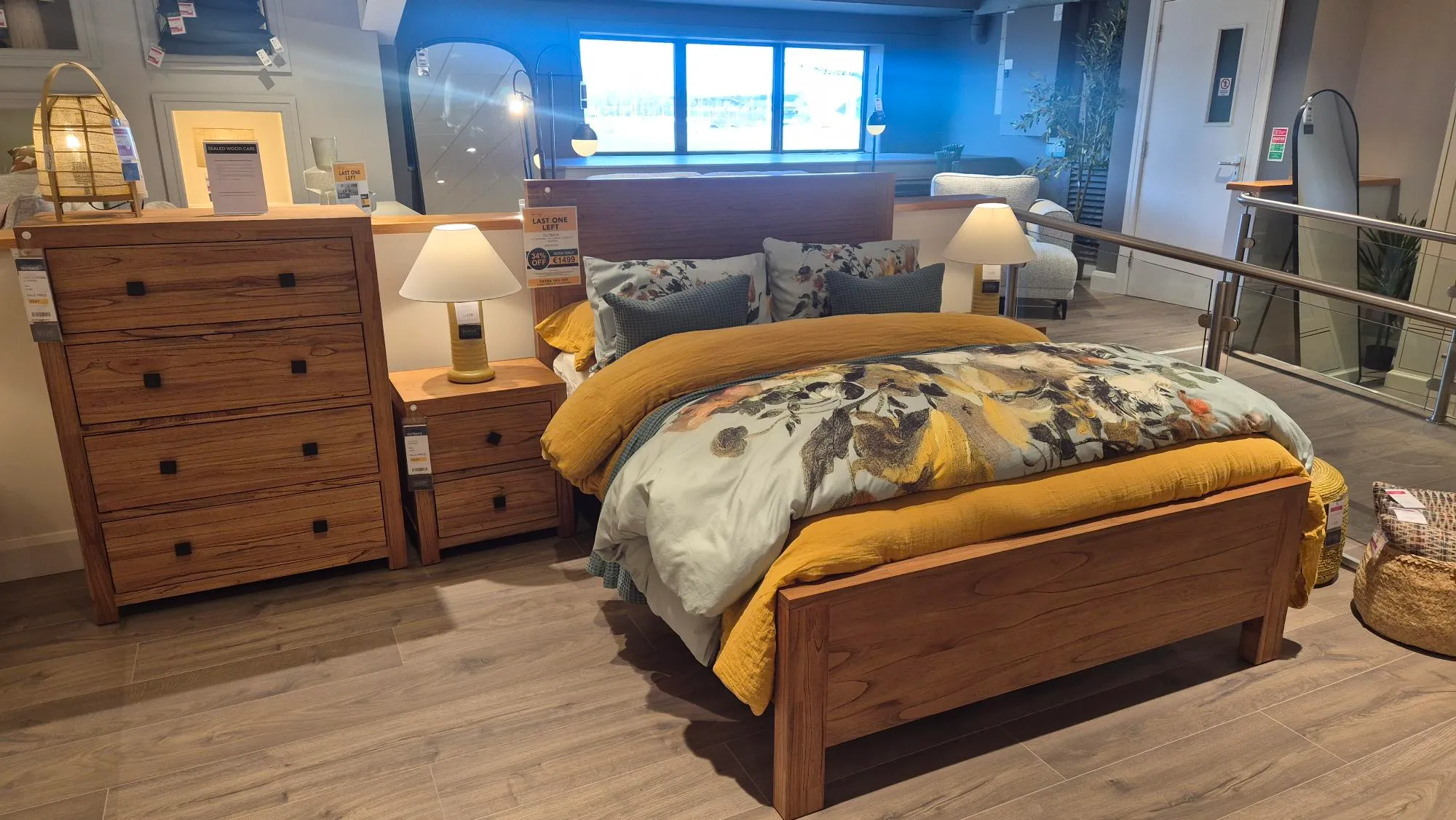 Outback King Size (5ft) Wood Bed Frame & 2 x 2 Drawer Wood Locker & 4 Drawer Wood Chest of Drawers (Castlebar Floor Model)