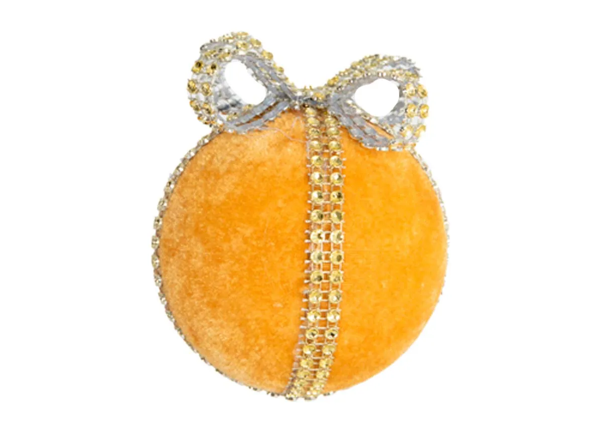 A yellow gold velvet bauble from EZ Livings Christmas range. Front view