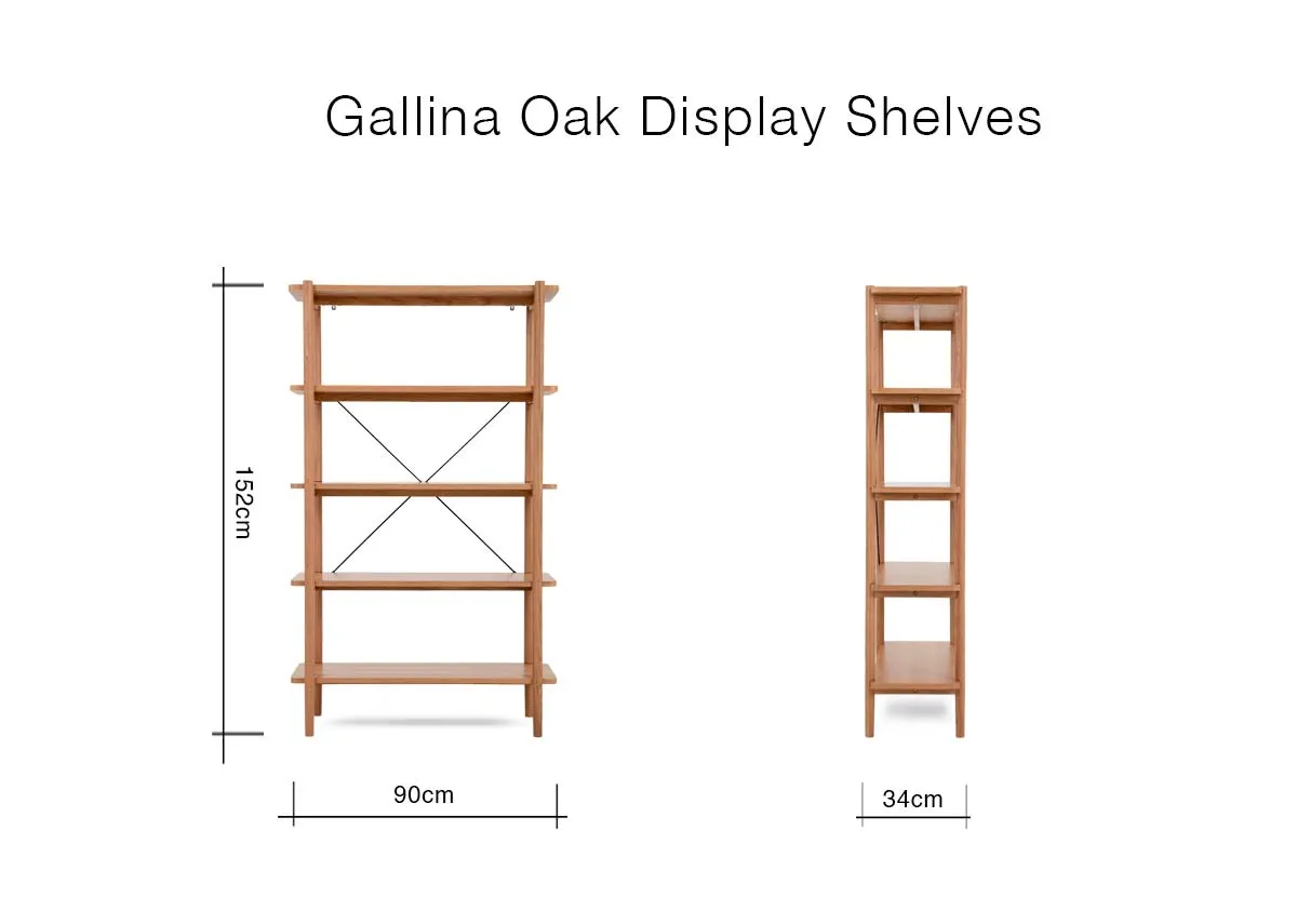 A dimension image of the Gallina Oak Shelves with 80cm x 34cm x 152cm