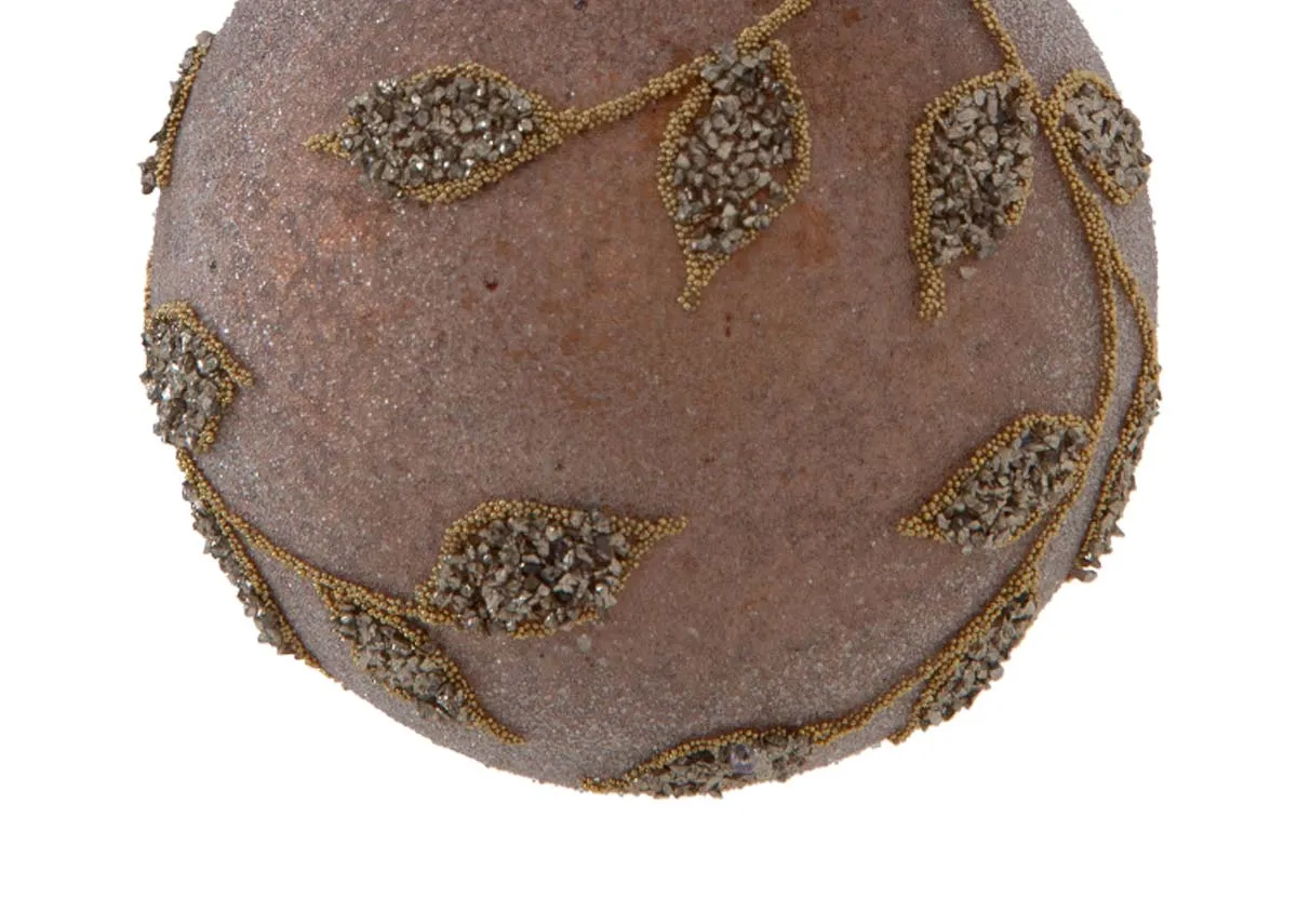 A set of 4 brown baubles with gold leaf pattern from EZ Livings Christmas range. Closeup of gold glitter leaf detail
