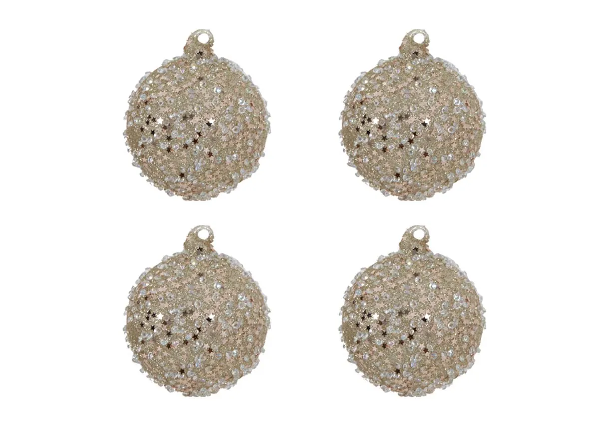 A set of 4 Gold 7 silver baubles from EZ Livings Christmas range. Front view of O Christmas Tree Set