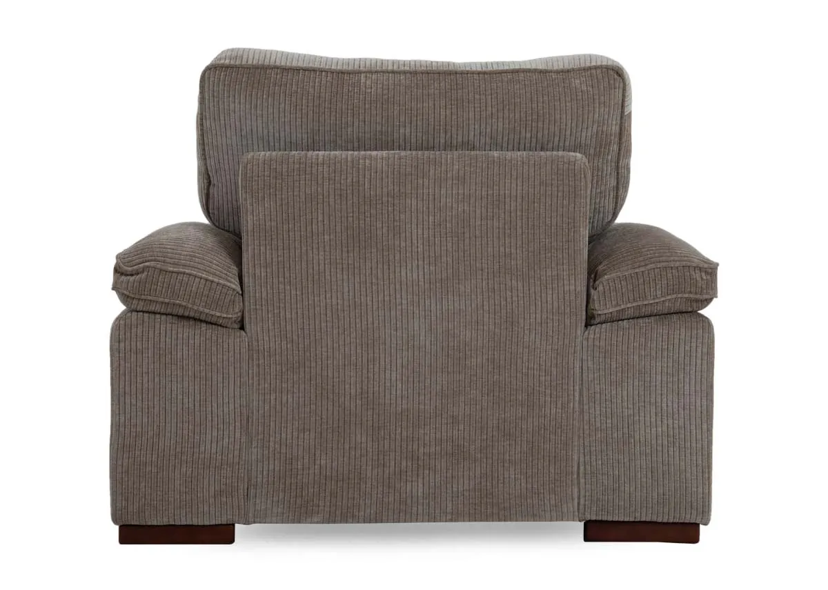 A beige cord fabric armchair from EZ Livings Westport range. Back view of warrantied frame