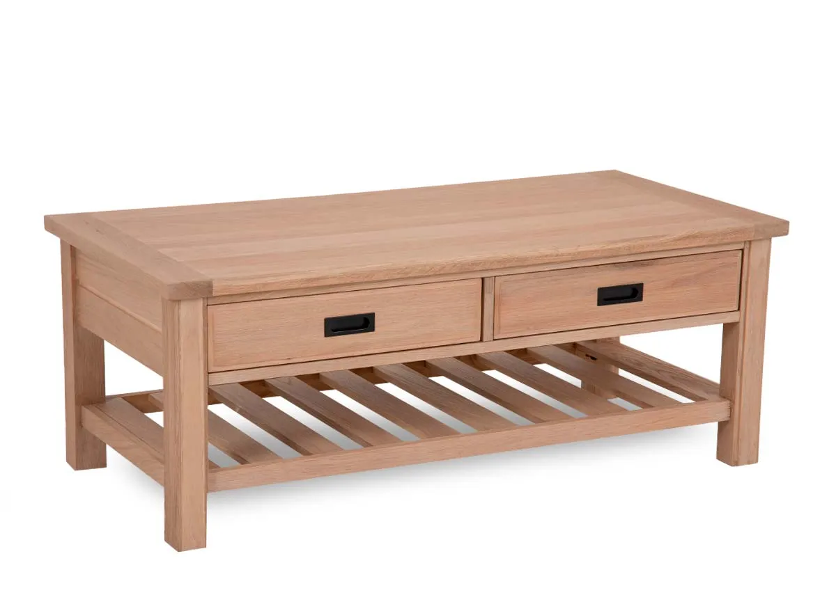 An oak 2 drawer coffee table from EZ Livings Albany range. Angled view