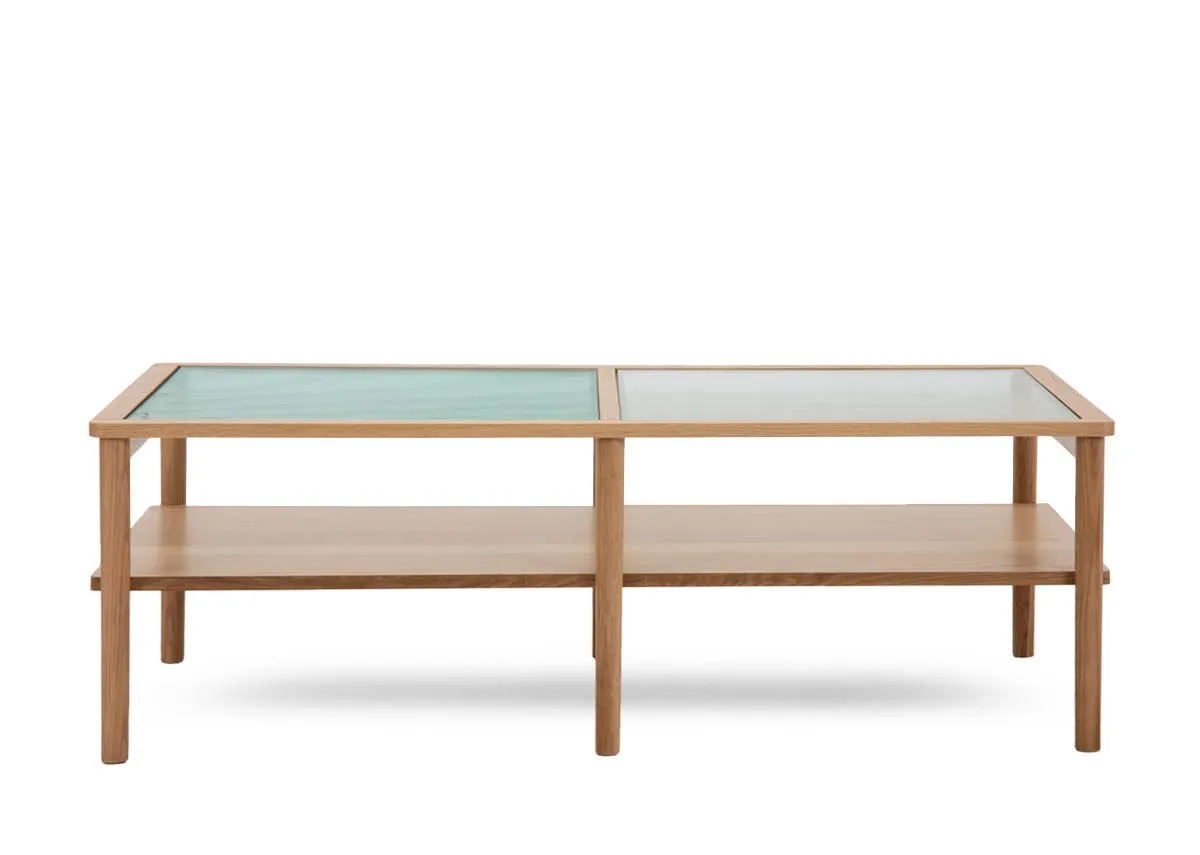 An oak coffee table with glass top from EZ Livings Gallina range. Front view of lower shelf