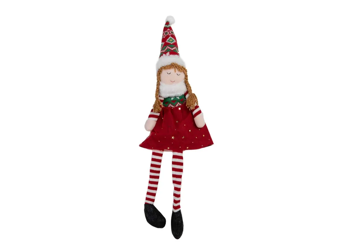 A fabric rag dool figurine with red skirt & hat from EZ Livings Christmas range. Front view.