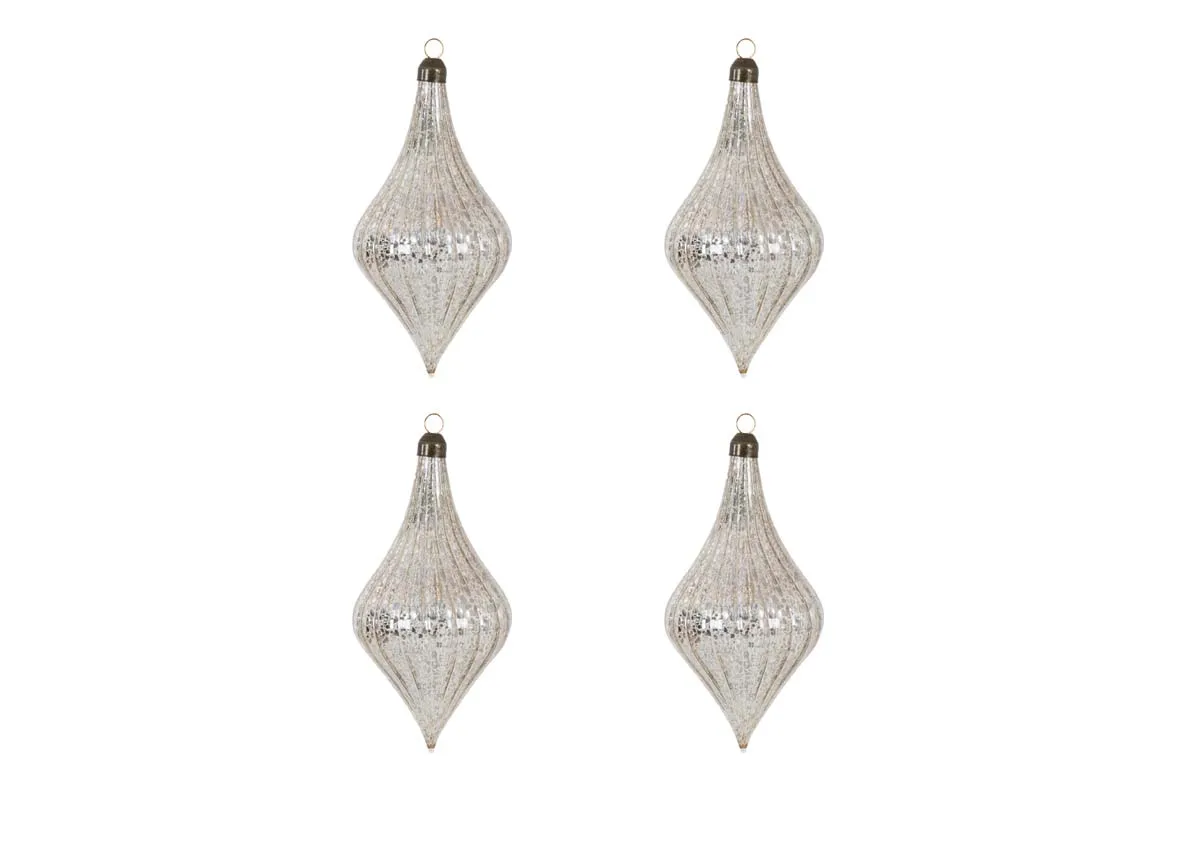 Set of 4 16cm Silver Drop Baubles - Blue Christmas