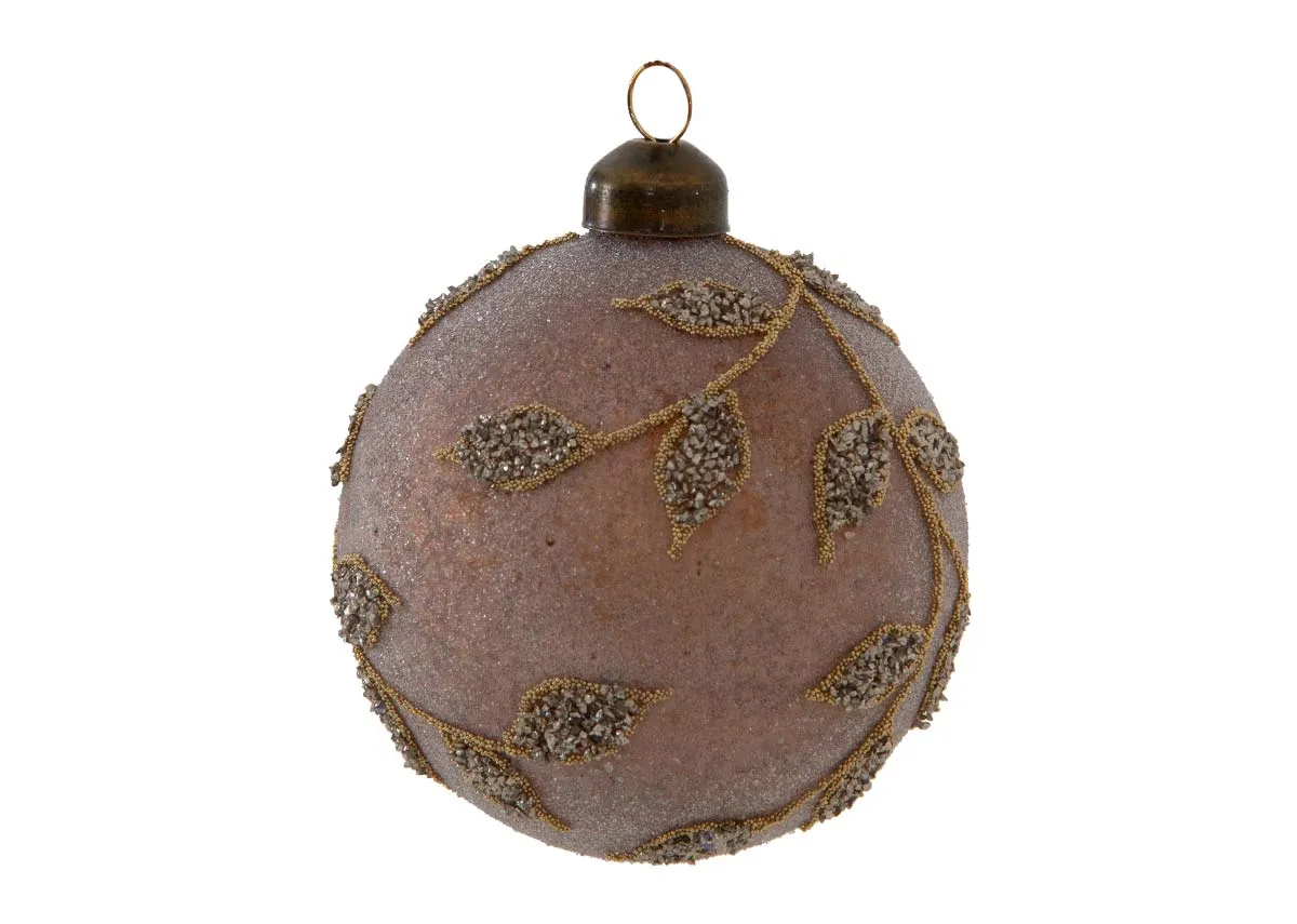A set of 4 brown baubles with gold leaf pattern from EZ Livings Christmas range. Front view of sparkling brown bauble