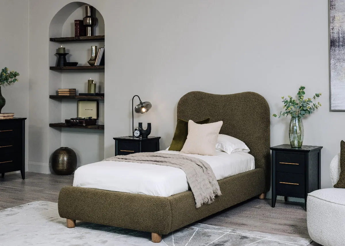 A 4ft6 green bedframe from EZ Livings Teddy range. Front view