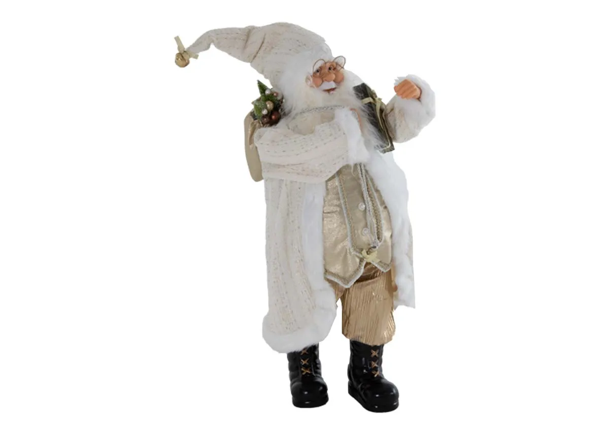 A white & gold Saint Nick figurine from EZ Livings Christmas range. Angled view