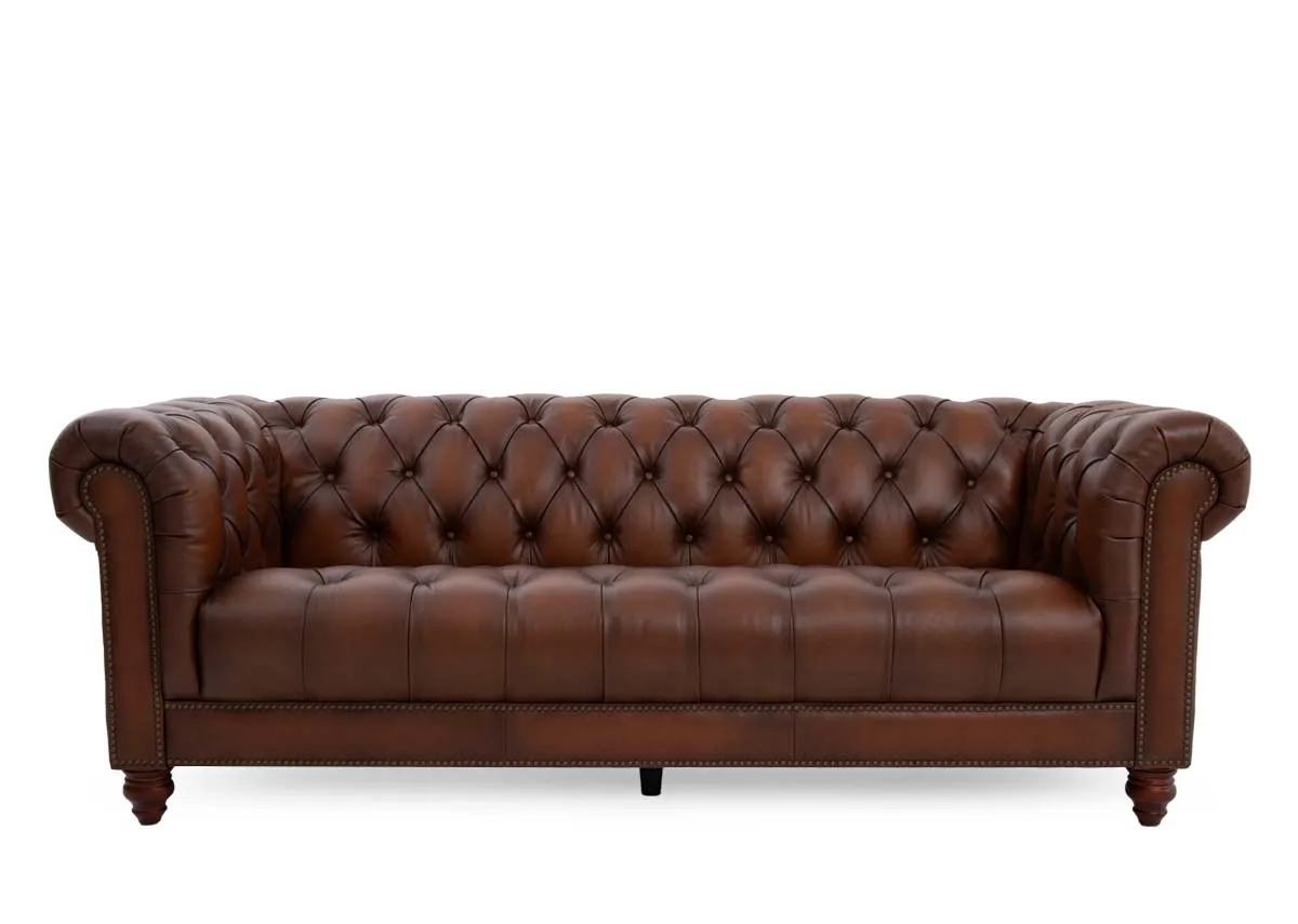 A 3.5 seater roll back brown leather sofa from EZ Livings Adare range. Front vuew