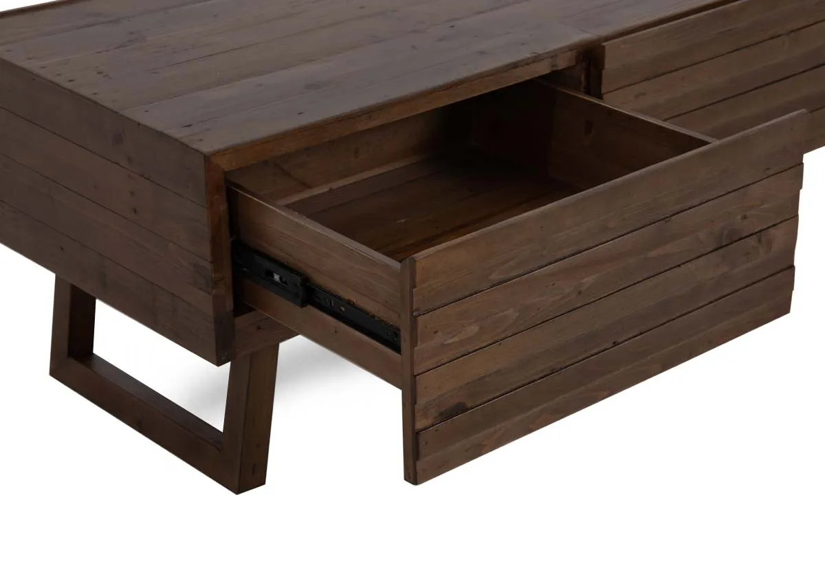 A rich cashew wood coffee table from EZ Livings Ladder range.Closeup of open drawer shows soft close.