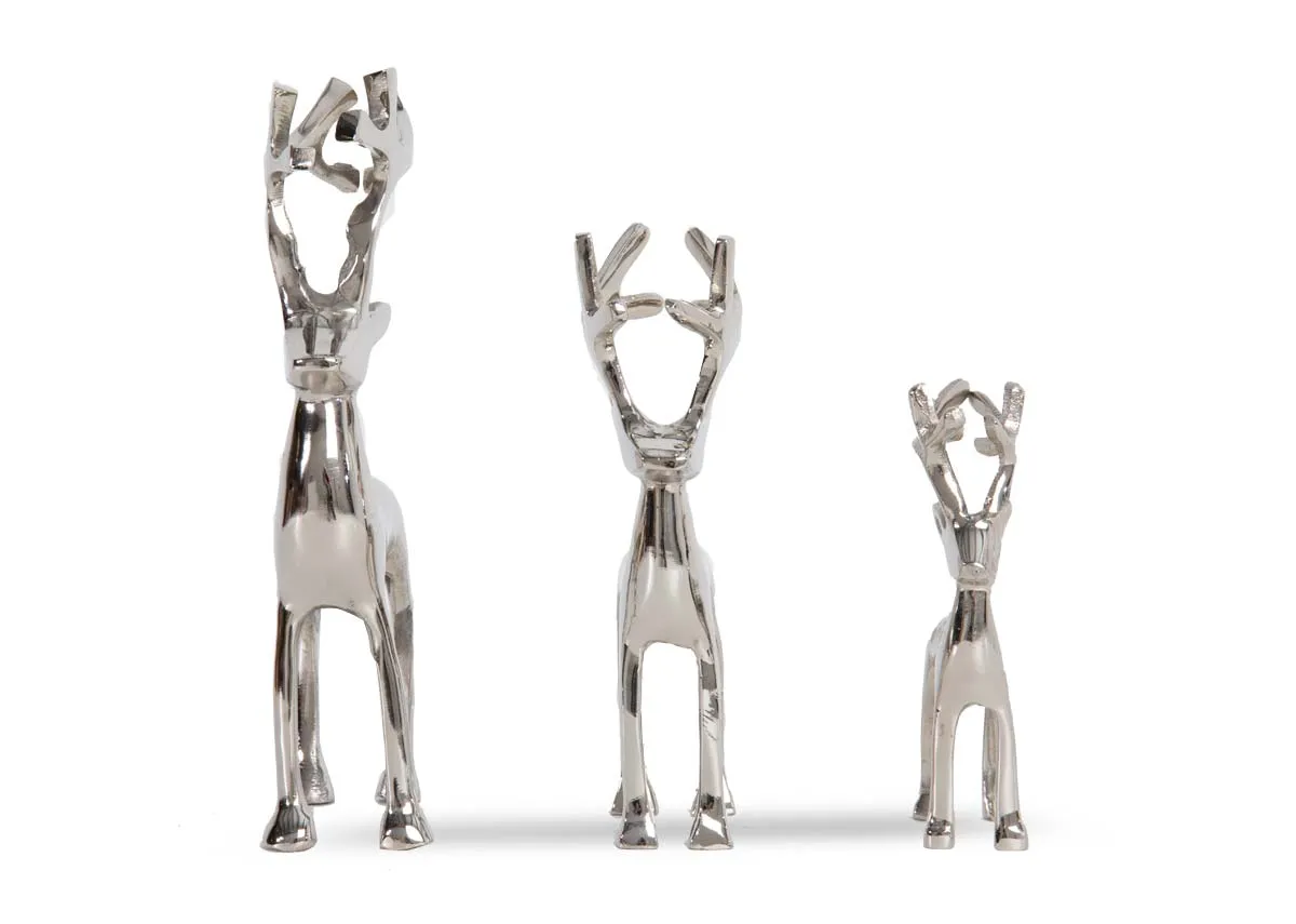 A set of 3 nickel reindeer ornaments from EZ Livings Christmas range. Closeup of antlers