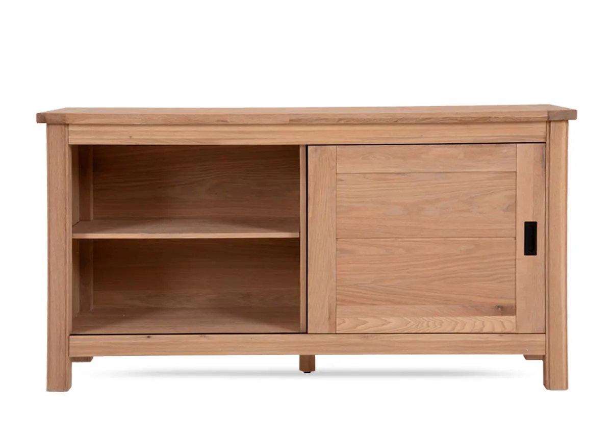 A 2 drawer oak console table with lower shelf from EZ Livings Albany range. Front view of door open showing sliding function.
