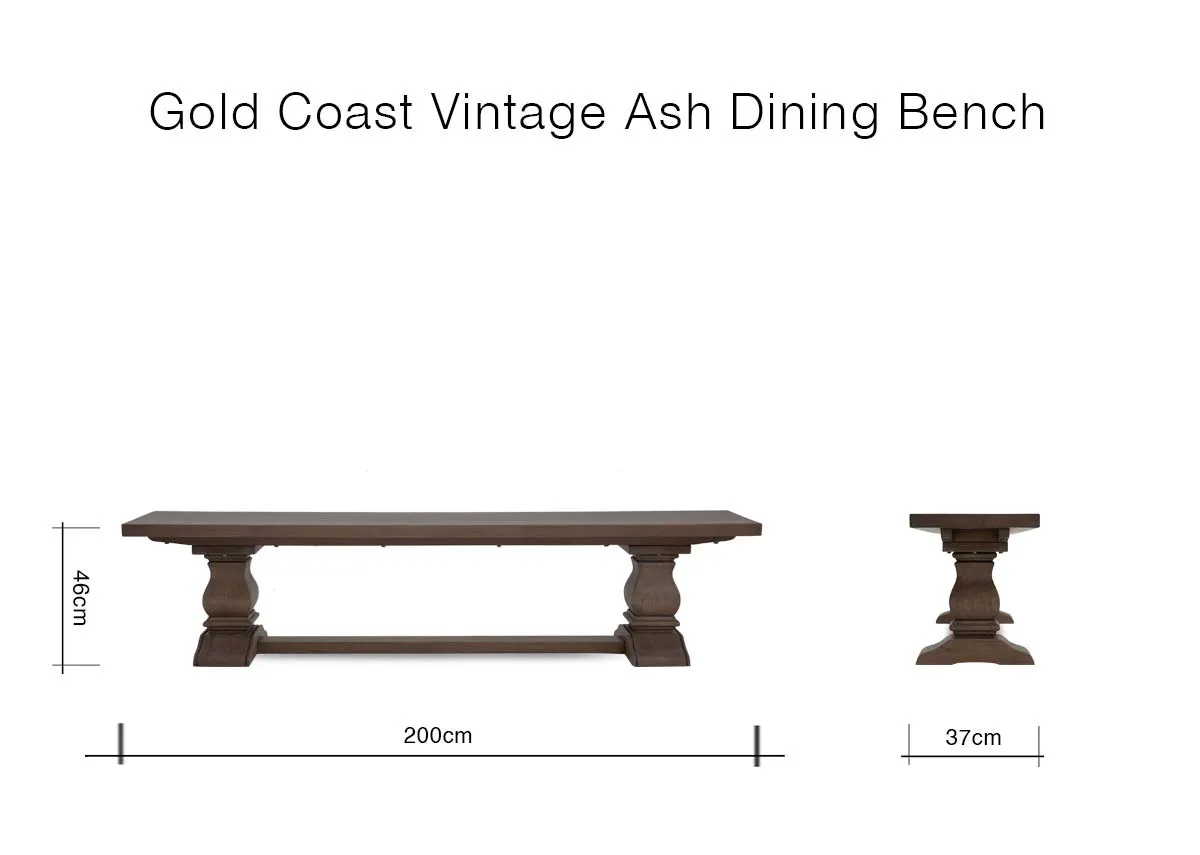 A dimension image of the Gold Coast Bench with 200cm x 37cm x 46cm