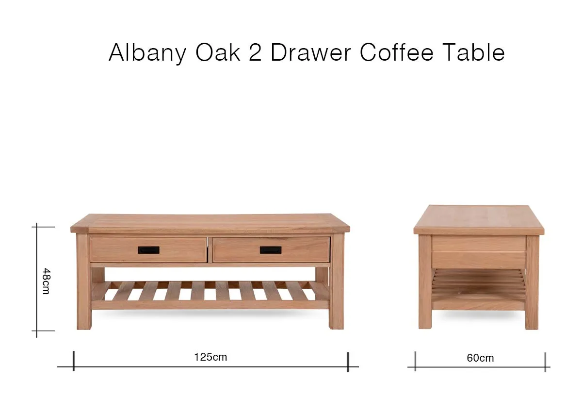 A dimension image of the Albany Coffee Table with 125cm x 60cm x 48cm