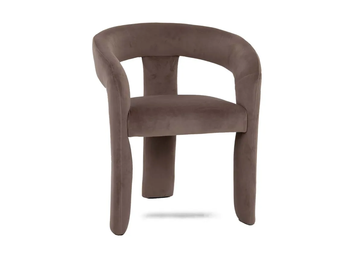 A taupe fabric dining chair from EZ Livings Hepburn range. Angled view of chunky chair.