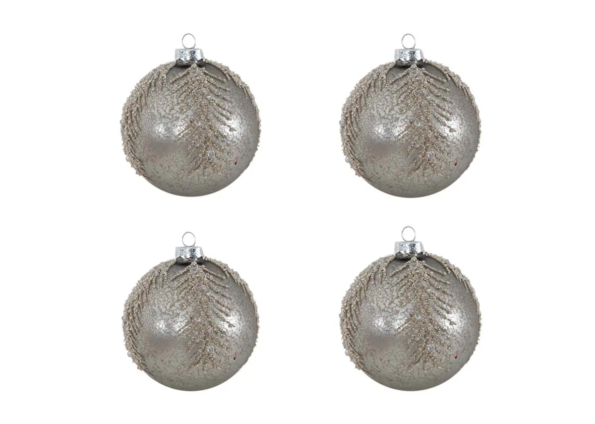 A set of 4 Silver grey distressed baubles from EZ Livings Christmas range. Front view of 4 baubles in set.