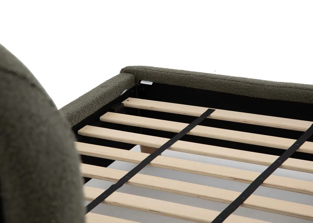 A 5ft green bedframe from EZ Livings Teddy range. Closeup of wood slats