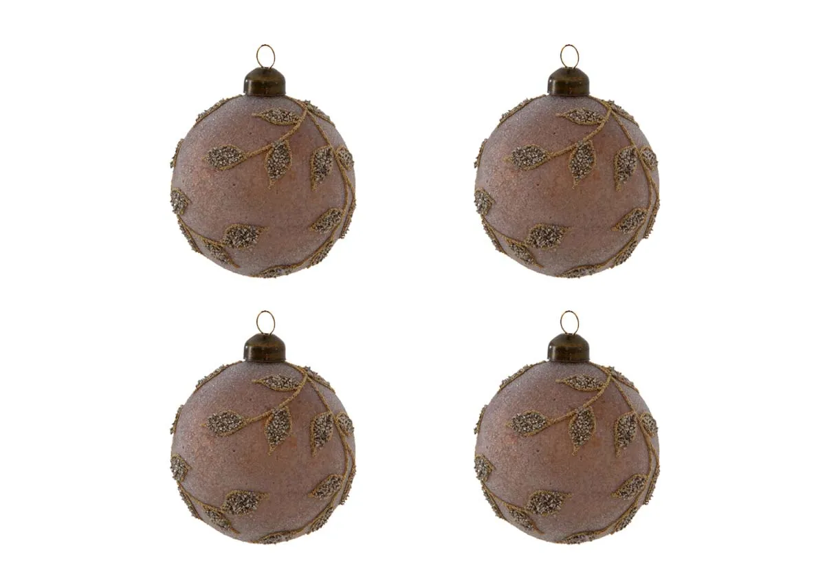 A set of 4 brown baubles with gold leaf pattern from EZ Livings Christmas range.