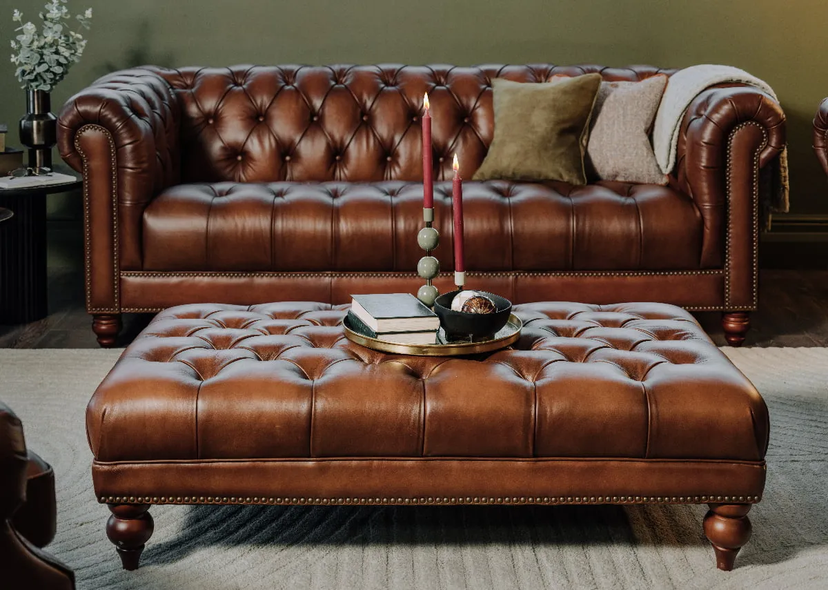 Vintage Brown Leather Rectangular Footstool - Adare