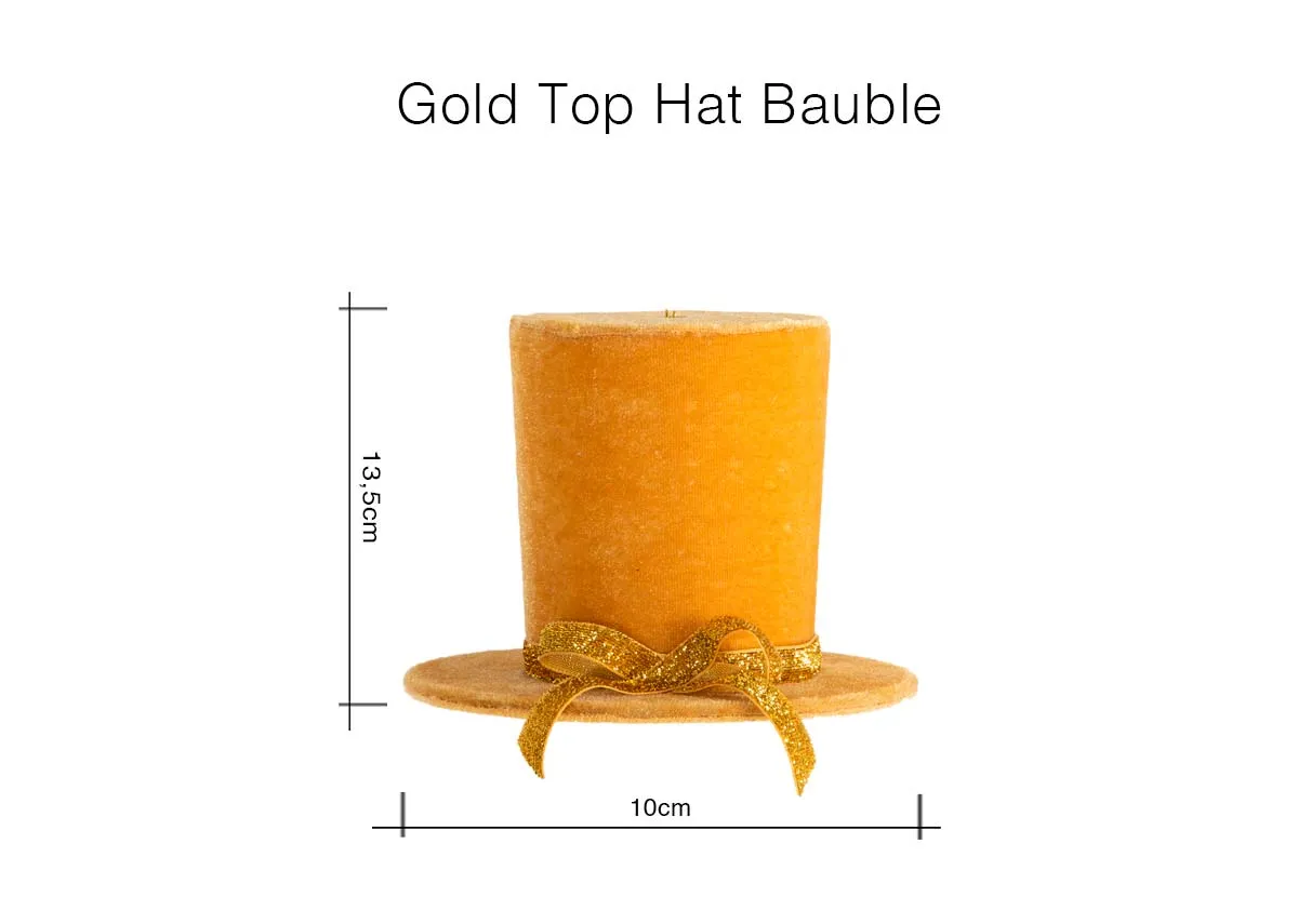 A dimension image of the Gold Velvet Top Hat Bauble with 10cm x 13.5cm