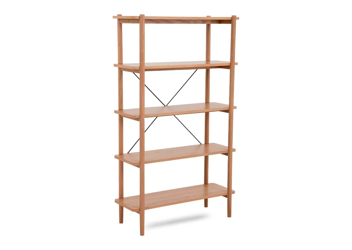 A 5 shelf oak open display unit from EZ Livings Gallina range. Angled view of 5 wide shelves with support brace at back.
