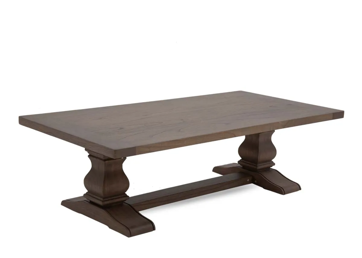 A grey wood coffee table with thick table top from EZ Livings Gold Coast range. Angled view.