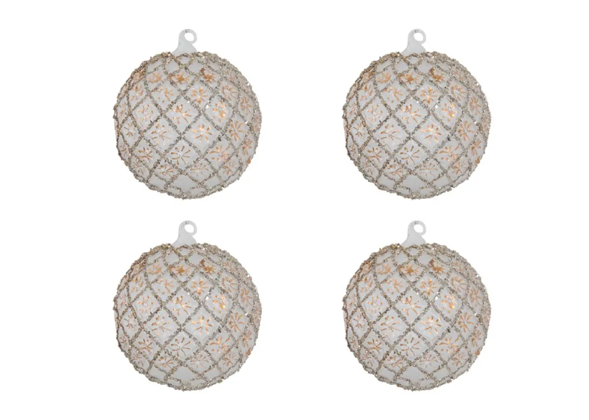 A set of 4 Silver baubles with gold snowflakes from EZ Livings Christmas range. Front view of 4 baubles in set.