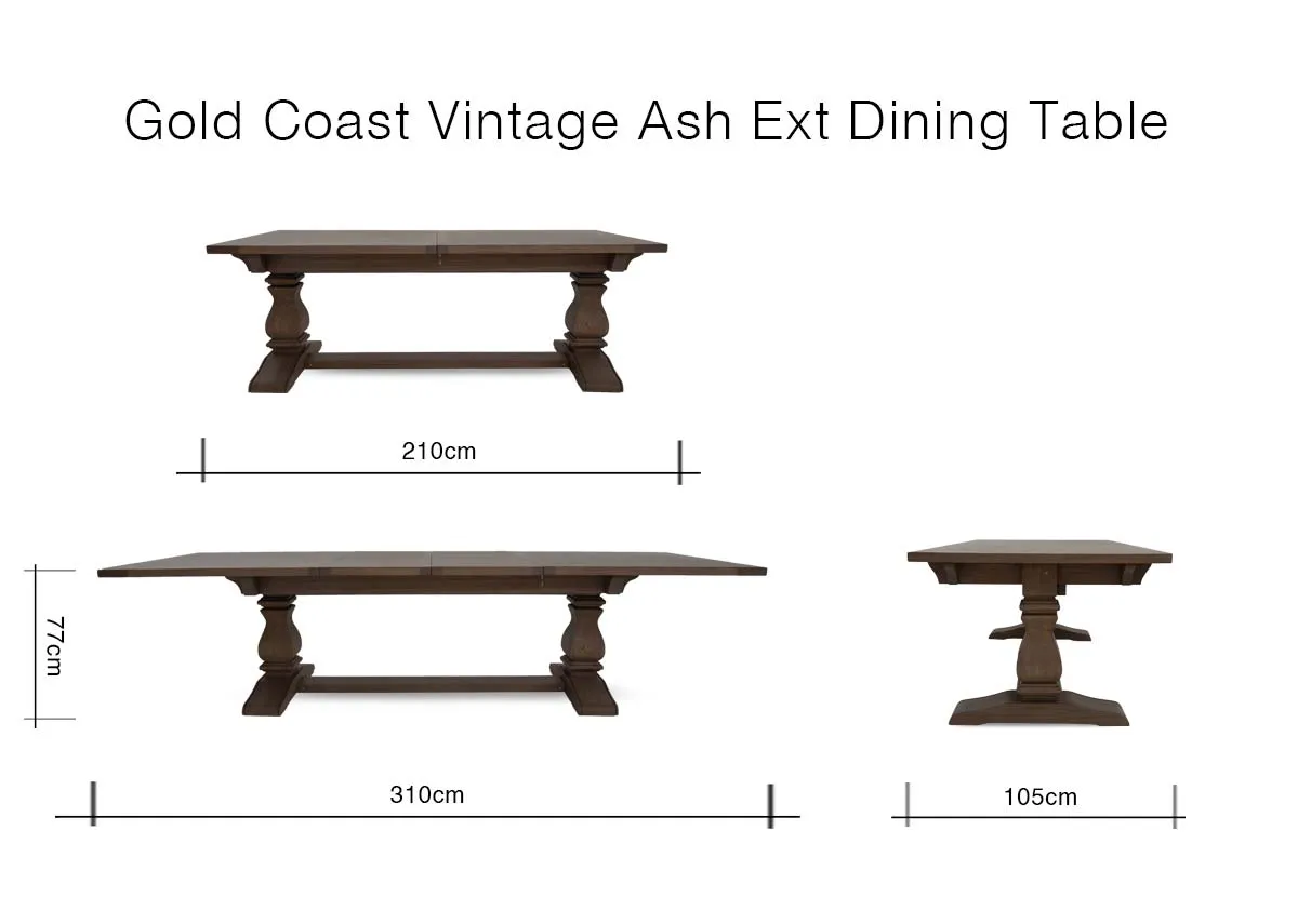 A dimension image of the Gold Coast Dining Table with 210cm - 310cm x 77cm