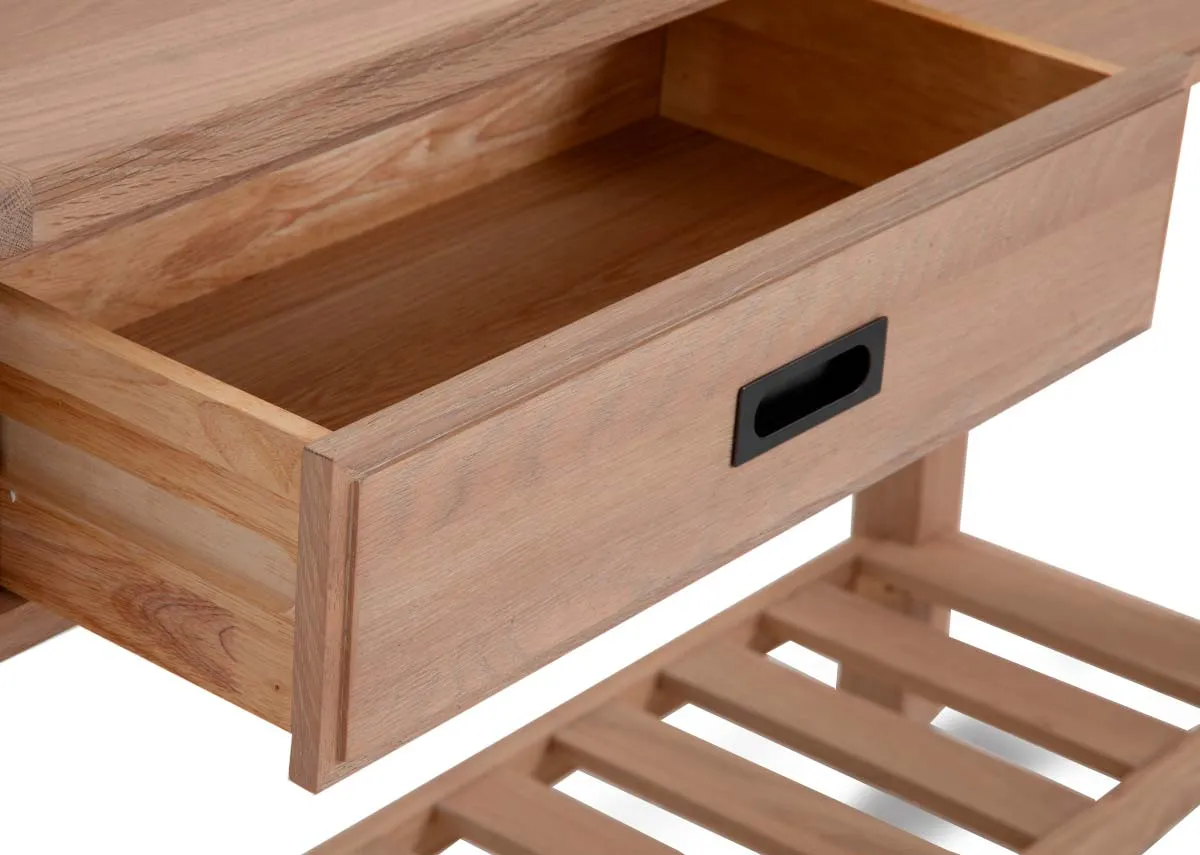A 2 drawer oak console table with lower shelf from EZ Livings Albany range. Closeup of drawer inside.