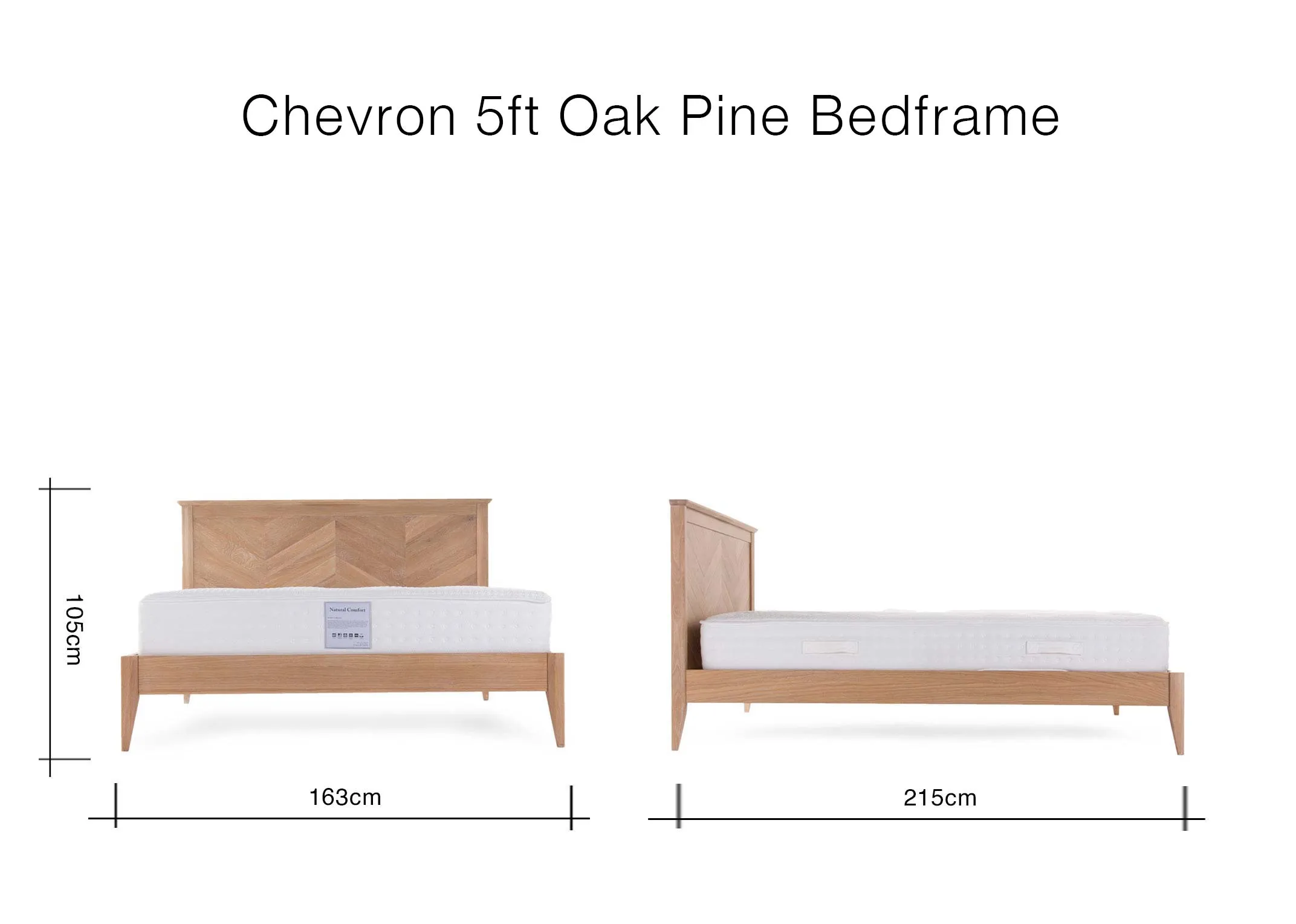 A chevron wood bedframe with a mattress from EZ Living Furnitures Chevron range. Closeup of the leg