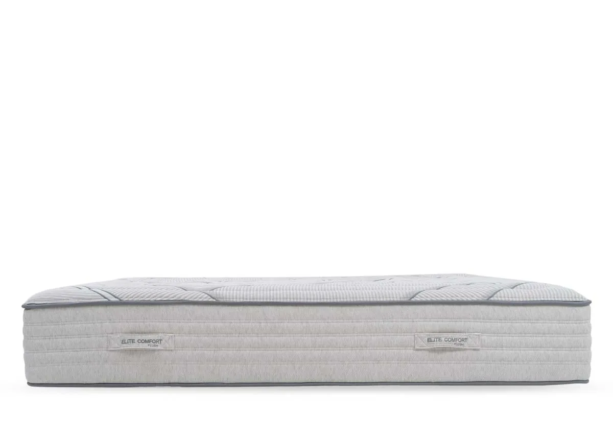 A side view of the Elite Plush comfort mattress showing thick padded pocket spring mattress with handles for turning