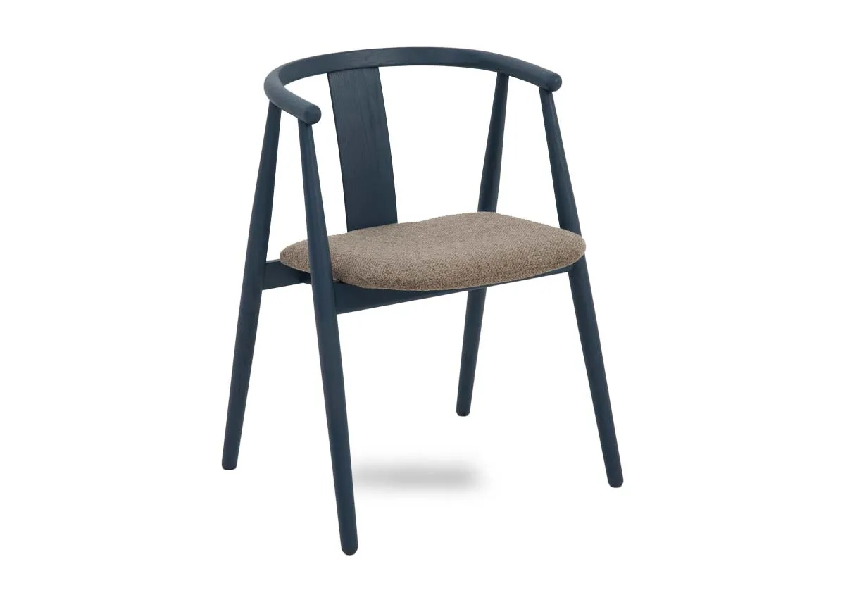 A blue framed dining chair from EZ Livings Relate range. Angled view of straigh back & beige seat cushion.