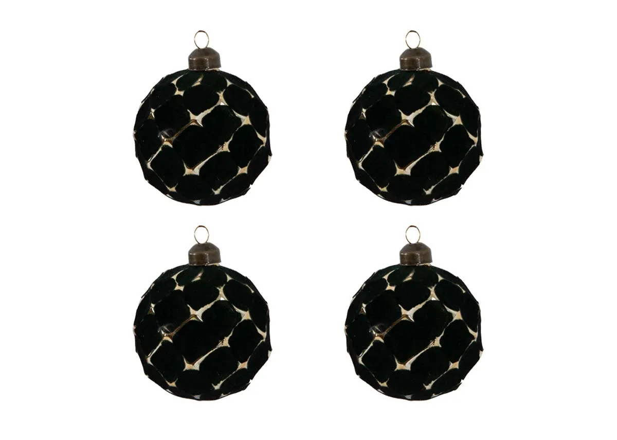 A set of 4 Green & gold baubles from EZ Livings Christmas Range. Front view of Holly & Ivy set.