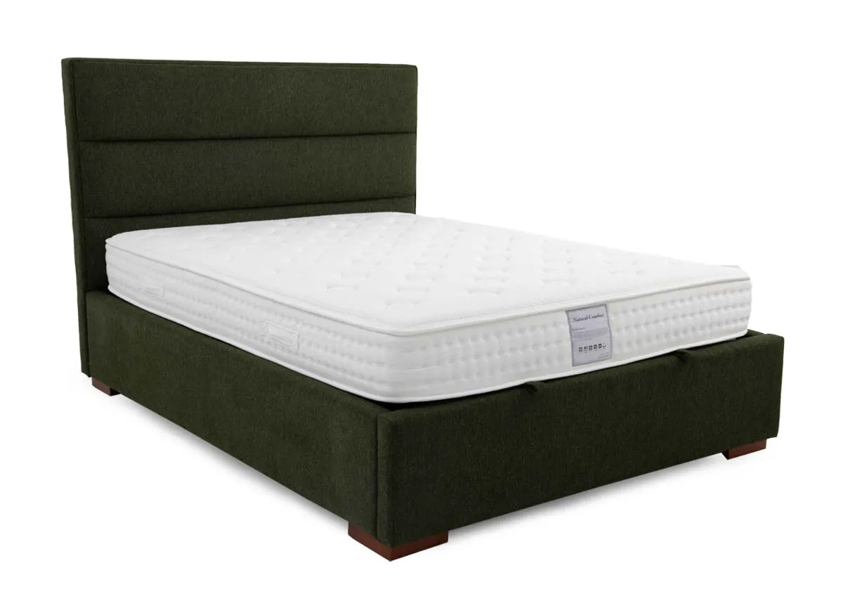 A green fabric ottoman from EZ Livings Ebony range. Angled view of bed with mattress not included.