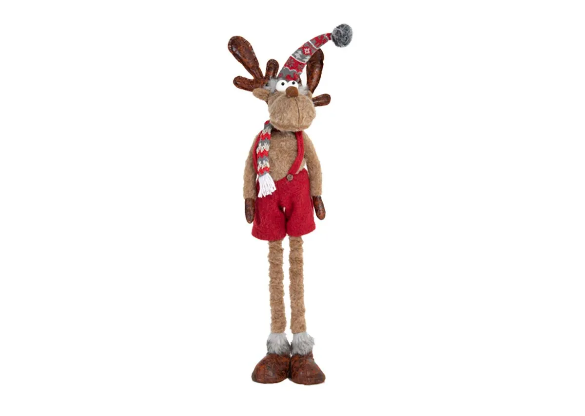 A brown soft reindeer figurine with red shorts with telescopic legs from EZ Livings Tinsel range. Front view
