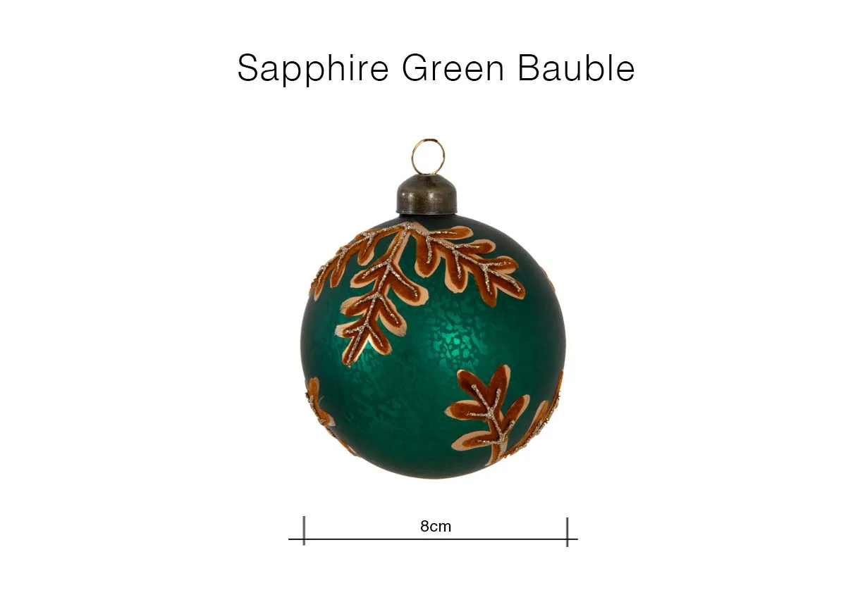 A dimension image of the Sapphire Green Bauble with 8cm