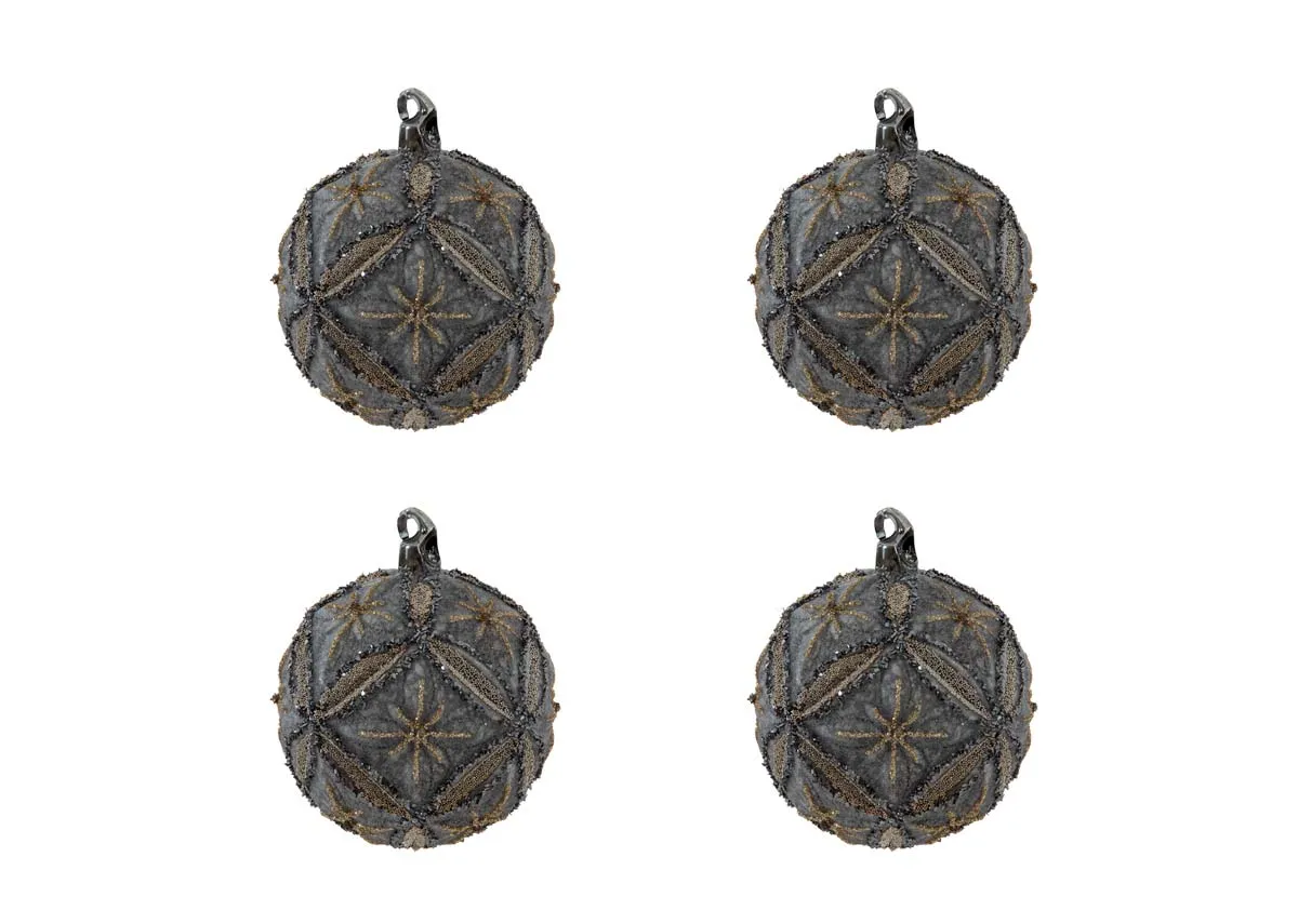 A set of 4 brown baubles with glitter from EZ Livings Christmas range. Front view of 4 baubles in set.