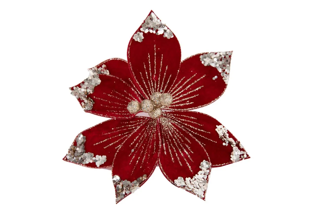 A bright red flower with gold sequin trim on petals from EZ Livings Christmas range.