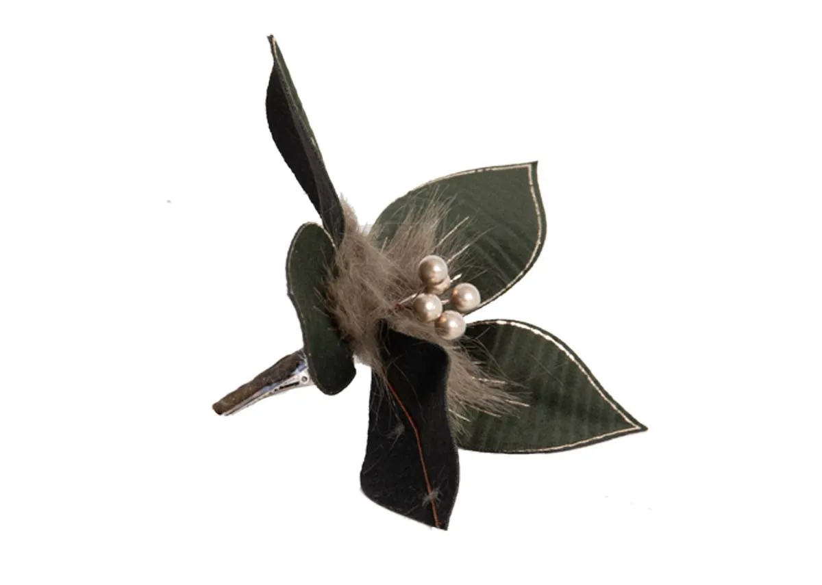 A dark green flower bauble with fine gold trim from EZ Livings Christmas range. Angled view of stalk to attach to tree or wreath