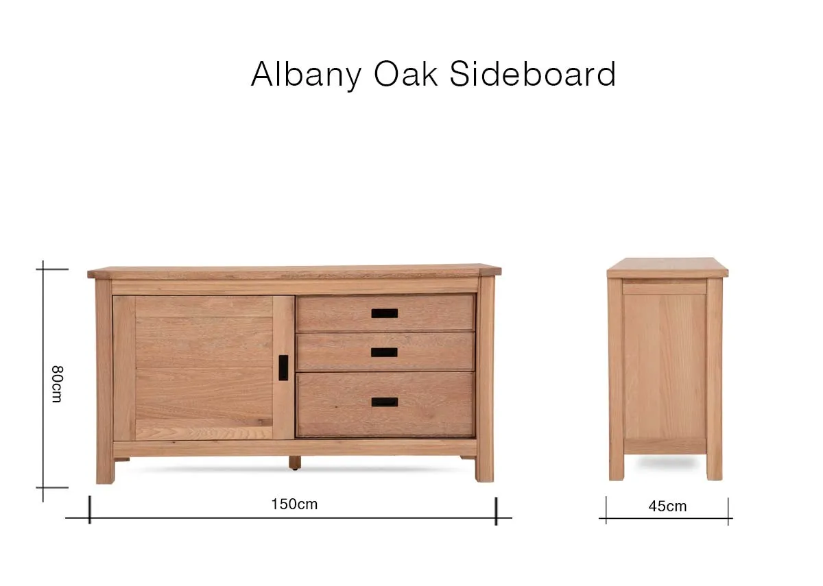 A dimension image of the Albany Oak Sidebaord with 150cm x 45cm x 80cm