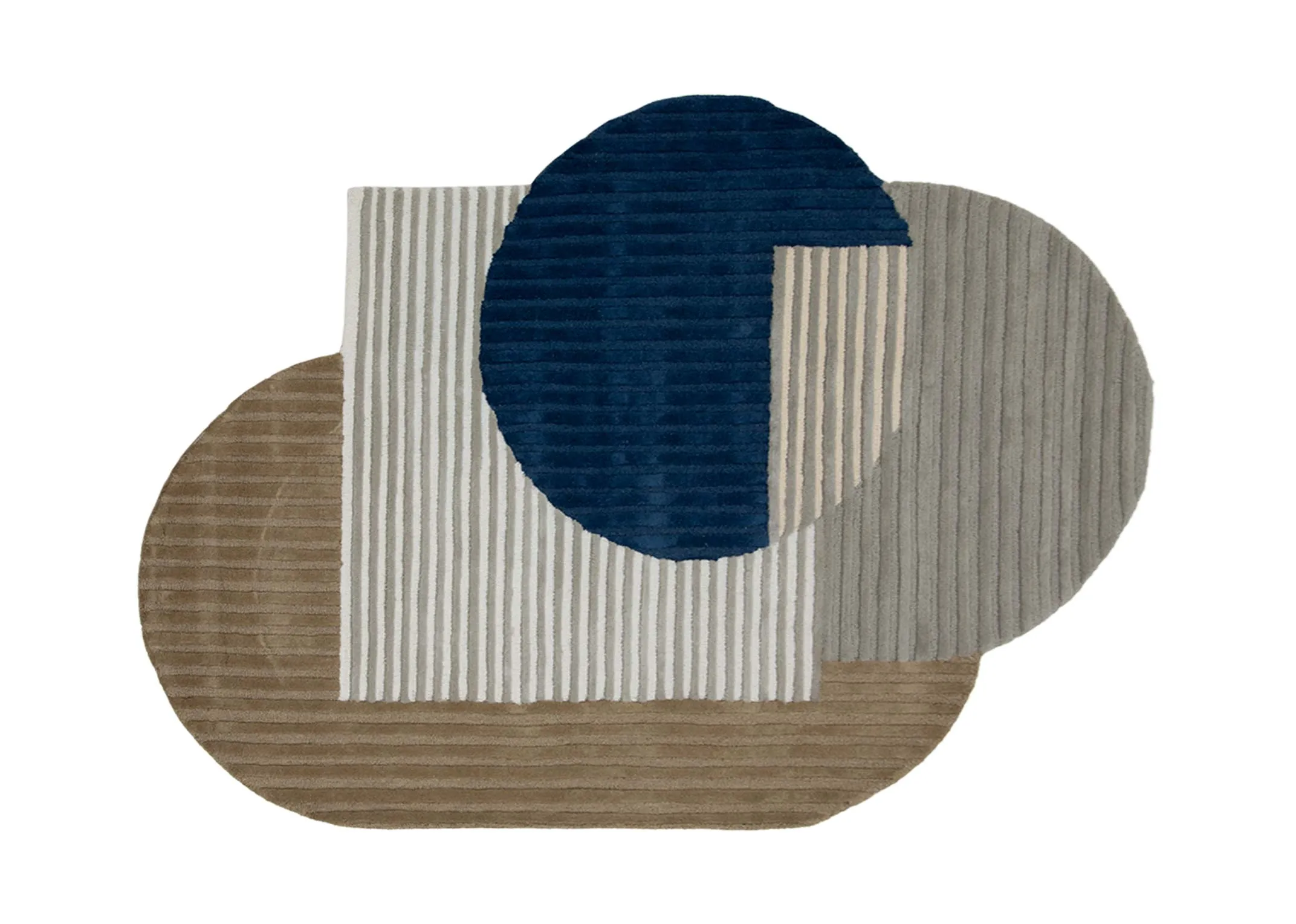 A green grey and navy abstract shaped rug from EZ Livings Geo range. Front view.