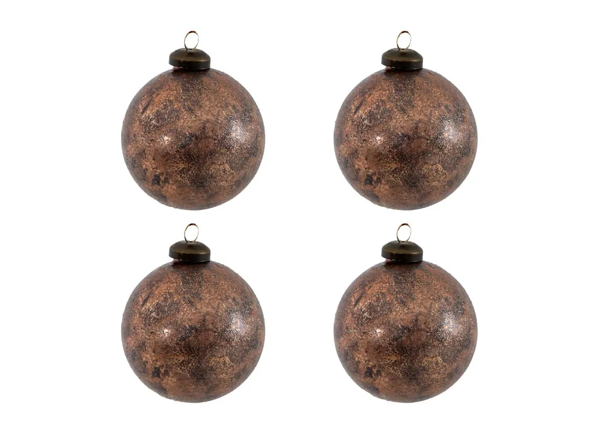 A set of 4 brown distressed baubles from EZ Livings Christmas range. Front veiw of 4 baubles in set.