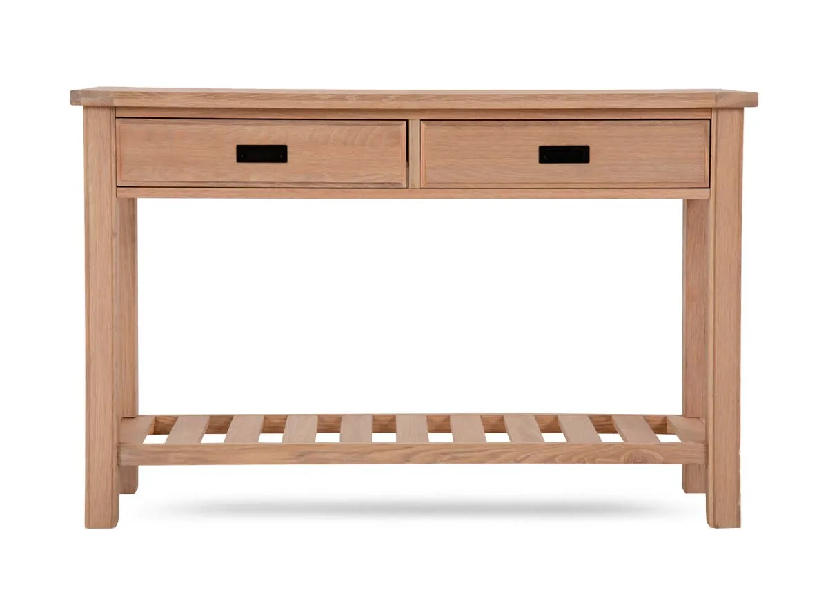 A 2 drawer oak console table with lower shelf from EZ Livings Albany range. Front view